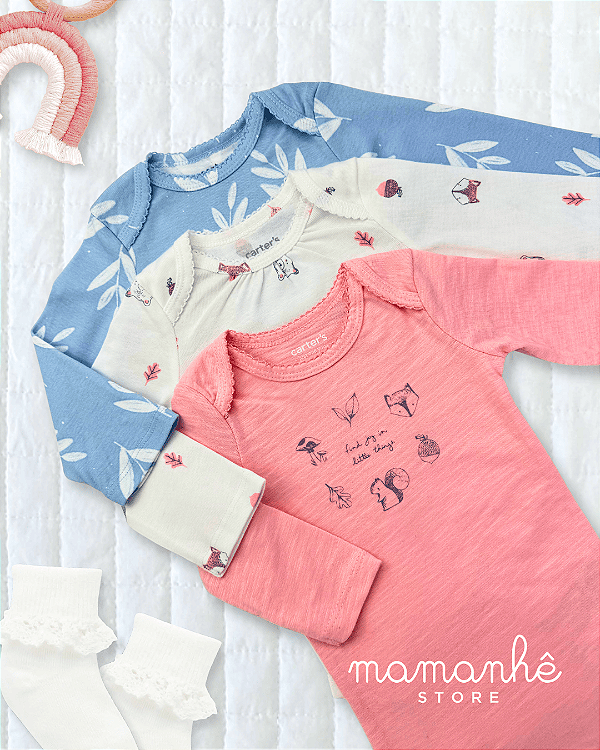 Kit Body Manga Longa Rosa Animais