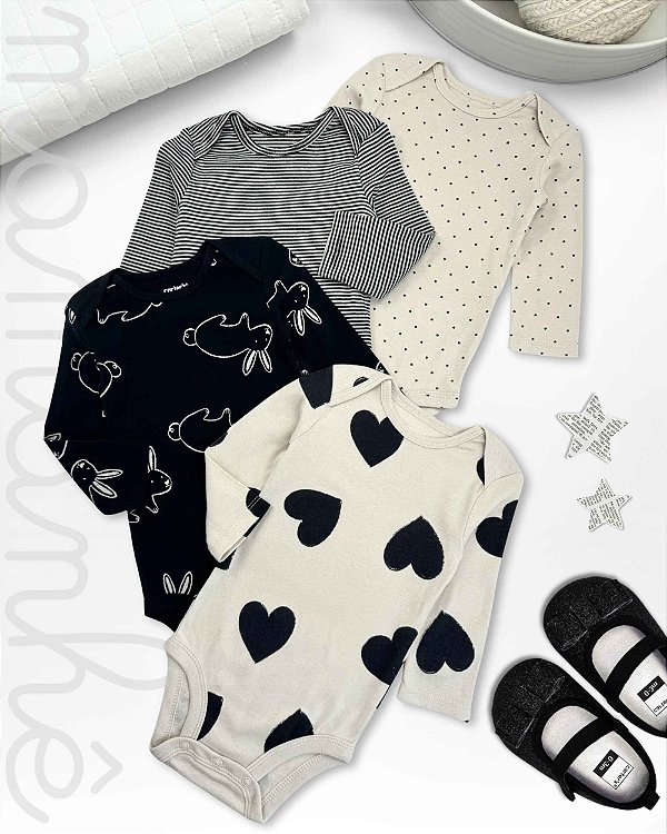 Kit Body Carters Manga Longa Corações Black