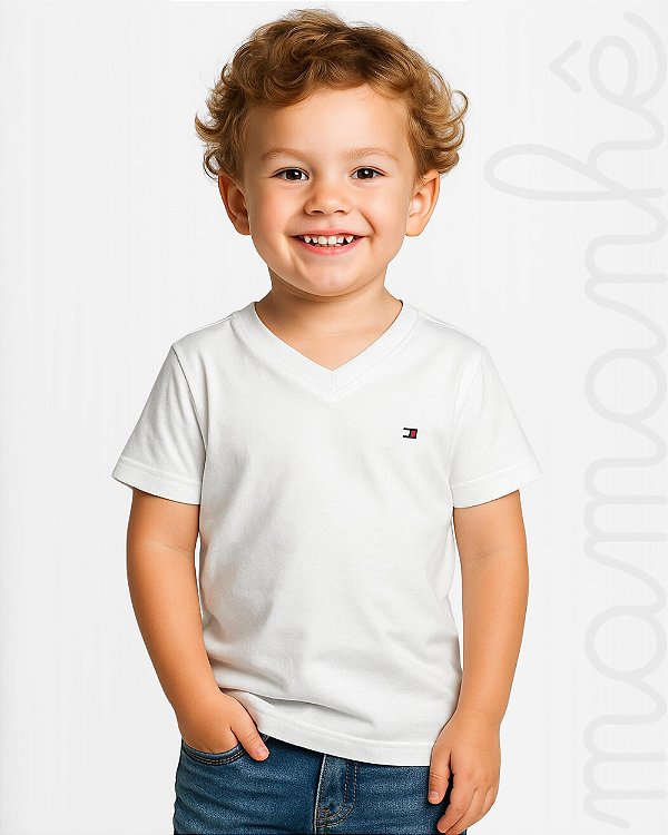 Camiseta Infantil Tommy Hilfiger Sólida Gola V Branca