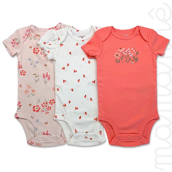 Kit Body Carters Manga Curta Floral Joaninhas