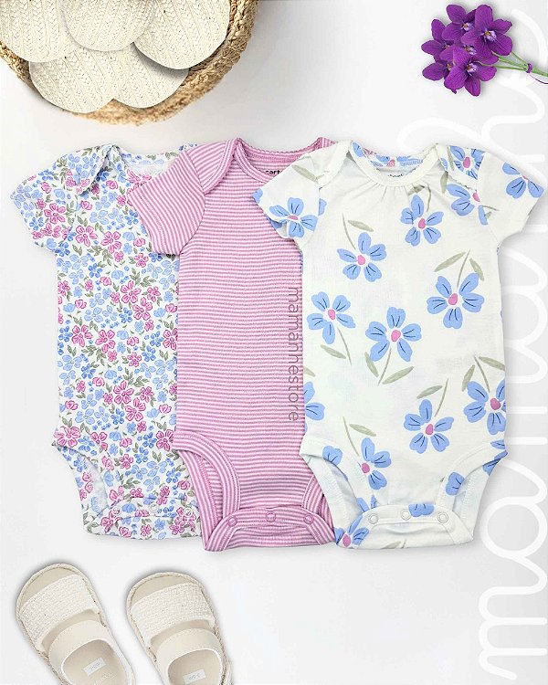 Kit Body Carters Manga Curta Floral Lilás