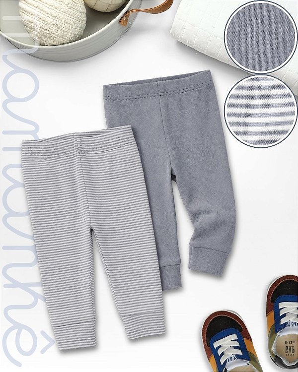 Kit Calça Bebê Carters Cinza e Listrado