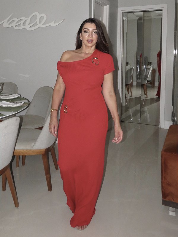 Vestido Tricô Longo Fivela Dourada