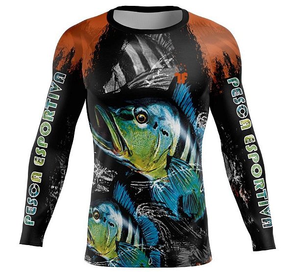 Camisa de Pesca Esportiva Átomo Proteção UV Manga Longa Preto/Laranja Adulto