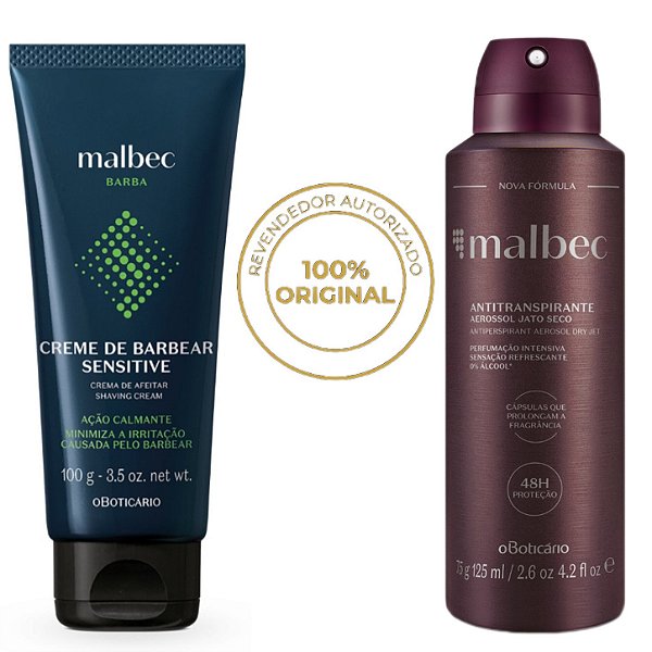 Kit Masculino Malbec O Boticário: Creme de Barbear Sensitive 100g + Desodorante Antitranspirante Aerossol 125ml