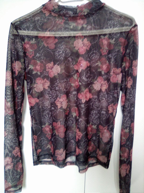 Camisa Manga Comprida Florida Transparente Feminina