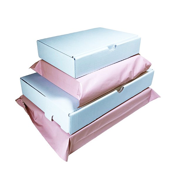 Kit Mini Envios Papelão Branco e Envelopes Rosa Claro - 10 Cx. 16x11x3 + 10 Cx. 24x16x4 + 10 Env. 19x25 + 10 Env. 30x20