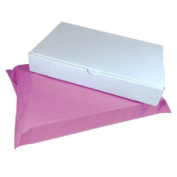 Kit 10 Caixas de Papelão Branco 24x16x4 + 10 Envelopes de Segurança Rosa Lilás 30x20