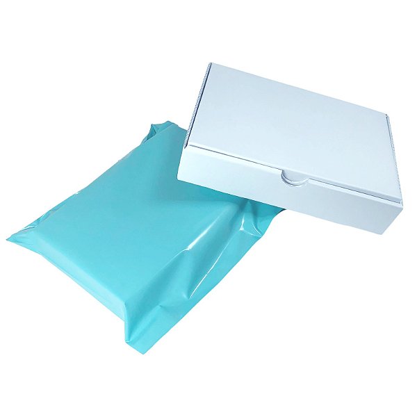 Kit 10 Caixas de Papelão Branco 16x11x3 + 10 Envelopes de Segurança Verde Azulado 19x25