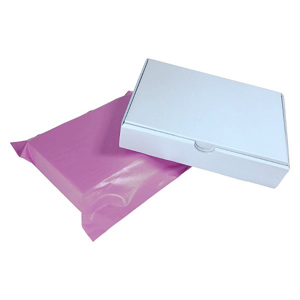 Kit 10 Caixas de Papelão Branco 16x11x3 + 10 Envelopes de Segurança Rosa Lilás 19x25