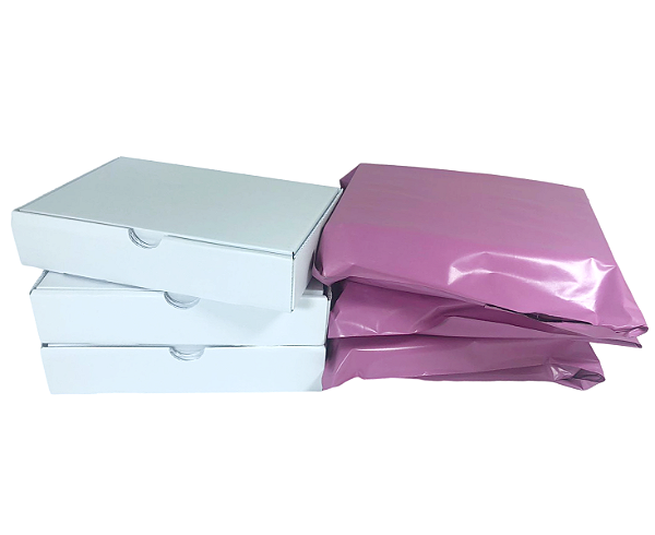 Kit 100 Caixas de Papelão Branco 16x11x3 + 100 Envelopes de Segurança Rosa Lilás 19x25