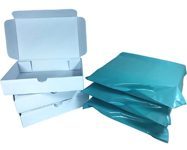 Kit 30 Caixas de Papelão Branco 16x11x3 + 30 Envelopes de Segurança Verde Azulado 19x25