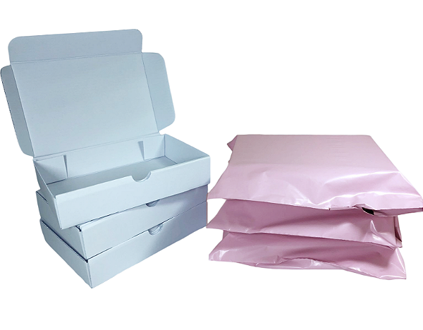 Kit 100 Caixas de Papelão Branco 16x11x3 + 100 Envelopes de Segurança Rosa Claro 19x25