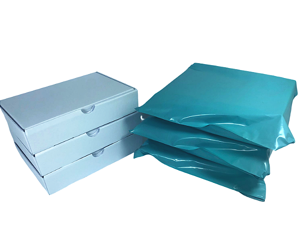 Kit 100 Caixas de Papelão Branco 16x11x3 + 100 Envelopes de Segurança Verde Azulado 19x25