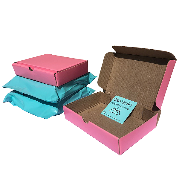 Kit 5 Caixas de Papelão 16x11x3 Rosa + 5 Envelopes 19x25 Verde Azulado + 5 Cartões Gratidão Verde Azulado