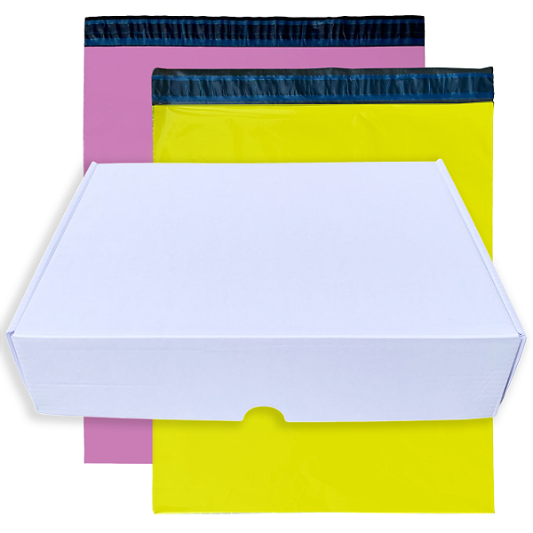 Kit 10 Caixas de Papelão 26x19x6 + 10 Envelopes de Segurança (Rosa e Amarelo)