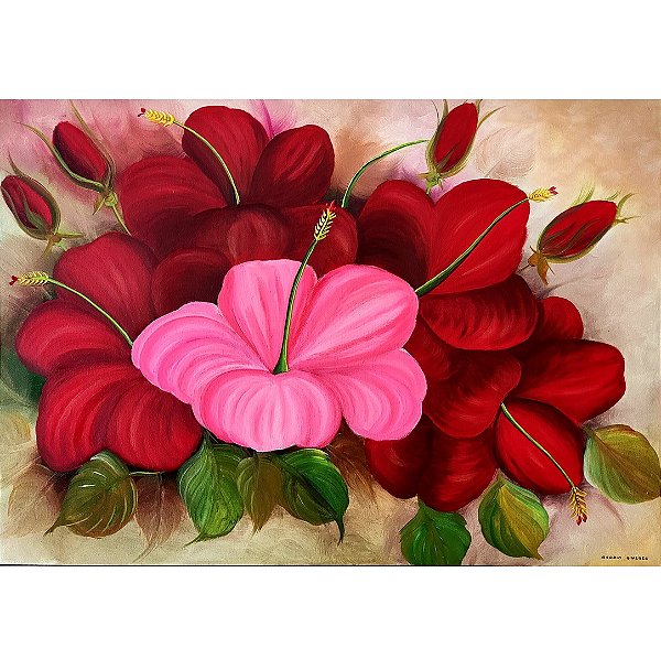 Pintura em tela flores hibisco - Osório Gimenes - Artes