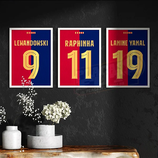 Kit 3 Quadros - Camisas Trio Lewandowski & Raphinha & Yamal