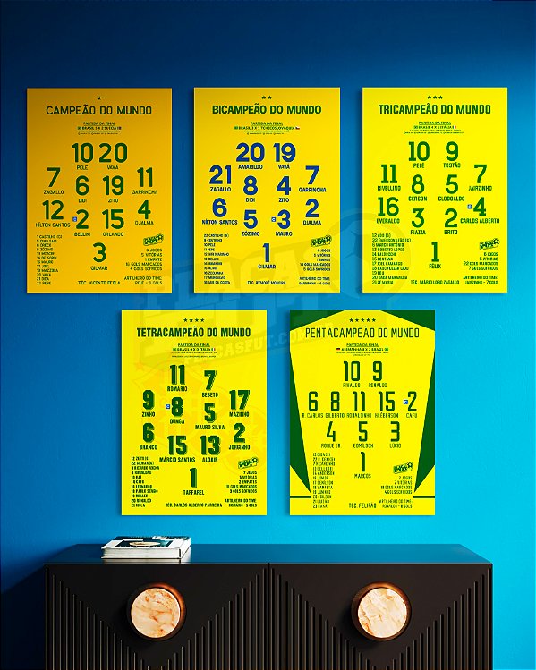 Kit 5 Quadros Escalações Históricas 1958/1962/1970/1994/2002