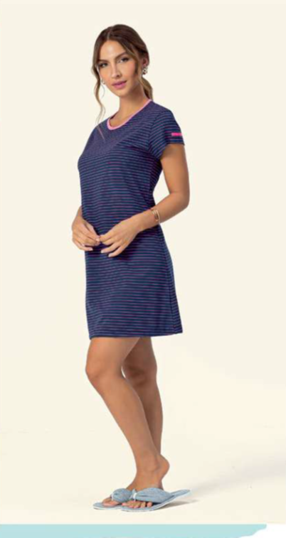 Camisola Manga Curta Listrada Marinho E Rosa Autêntica  - Tamanho M - Lua Encantada