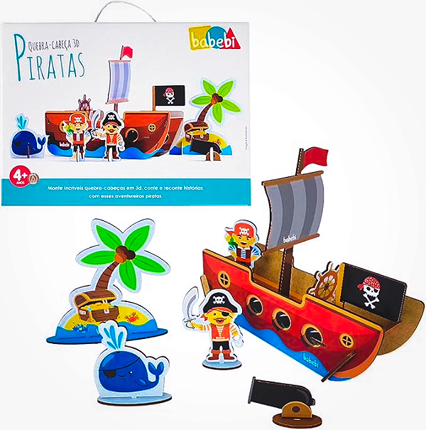Quebra Cabeça Infantil 3D De Madeira MDF Educativo Piratas Babebi