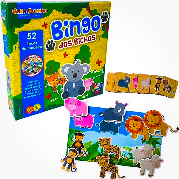 Jogo Infantil Bingo dos Bichos Brinquedos Educativos Madeira Bate Bumbo