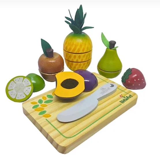 Kit 6 Frutinhas com Corte + Faca + Tabua - Comidinhas de Madeira Newart