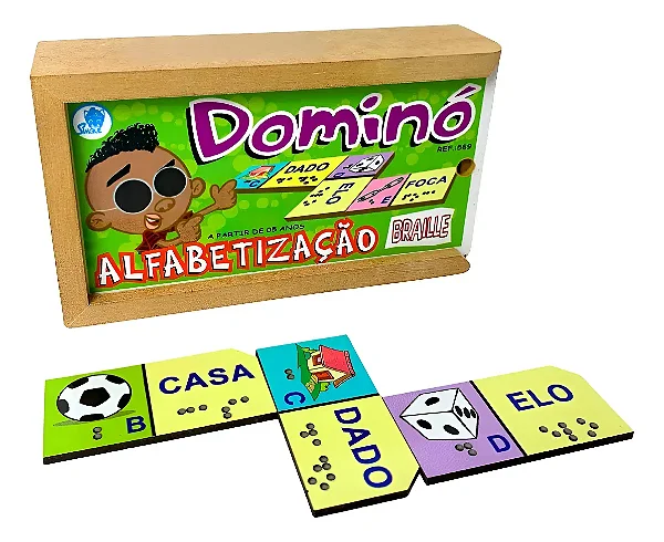 Dominó Educativo Alfabetização Braille Simque 28 Peças Madeira MDF