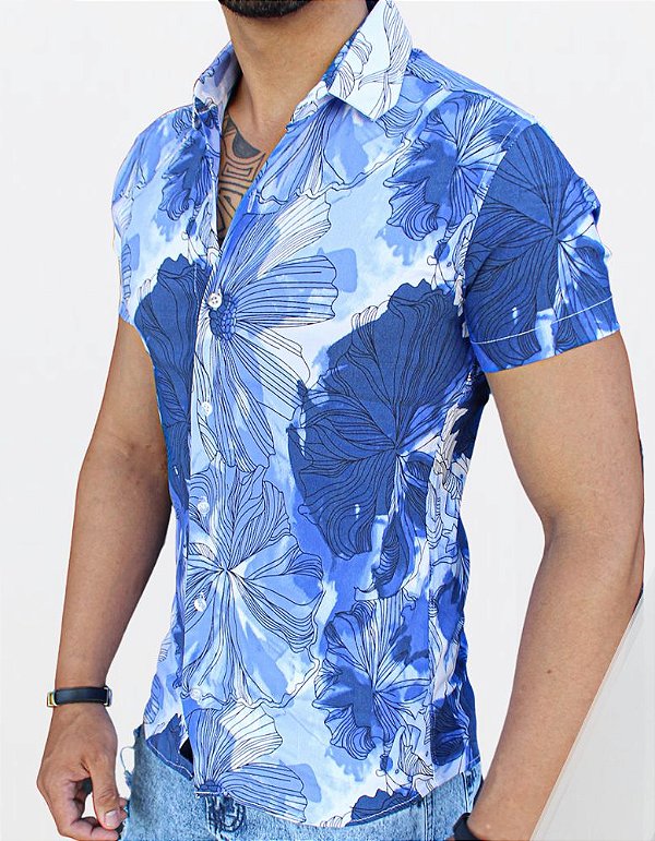 camisa floral azul masculina