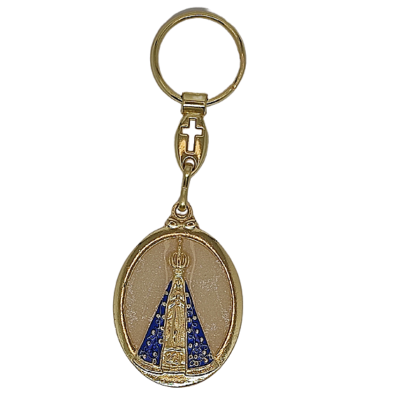 Chaveiro Nossa Senhora Aparecida Dourado e Resina Perolizada