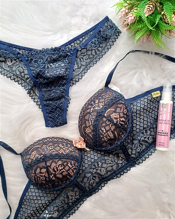 Conjunto Lingerie Luxy Azul com Rose