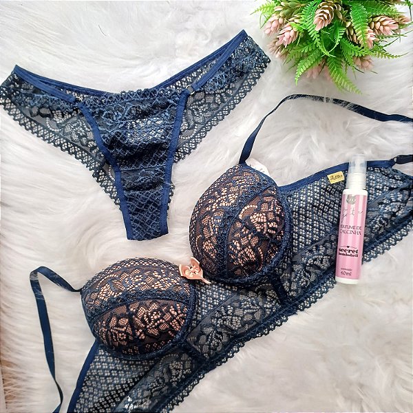 Conjunto Lingerie Luxy Azul com Rose