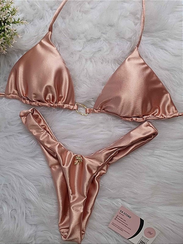 Conjunto Biquíni Luxo Cortininha Fio Rose Gold com argola ouro
