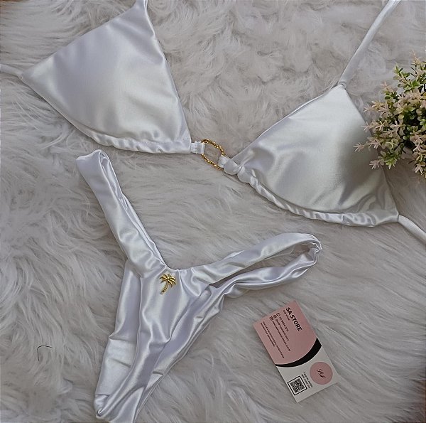 Conjunto Biquíni Luxo Cortininha Fio Branco com argola ouro