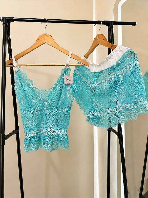 Pijama de Verão Short Doll Angels em Renda e Forro Verde