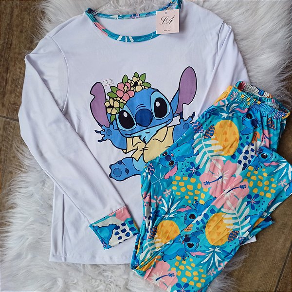 Pijama de Inverno Manga Longa Personagem Stich Florido