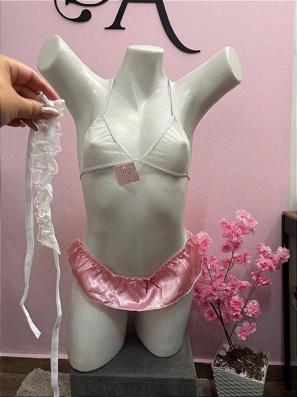 Mini Fantasia Babá Feminina com Top estilo Sutiã em Tule Calcinha em Cetim e Acessório de cabeça