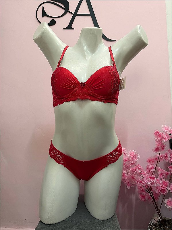 Conjunto Lingerie Laíla com bojo Vermelho com renda