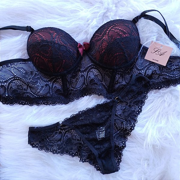 Conjunto Lingerie Luxy Preto com Vinho
