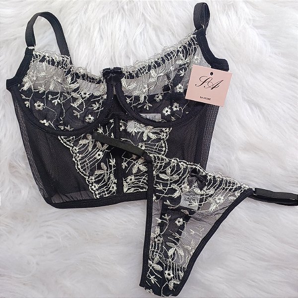 Conjunto Lingerie Afrodite Bordado Preto com Branco