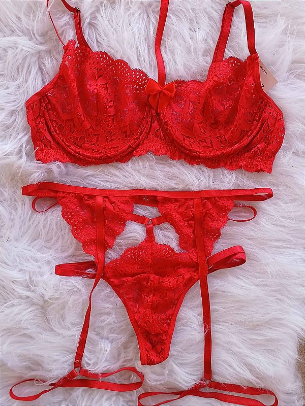 Conjunto Lingerie Love Vermelho com Cinta Liga e Gargantilha