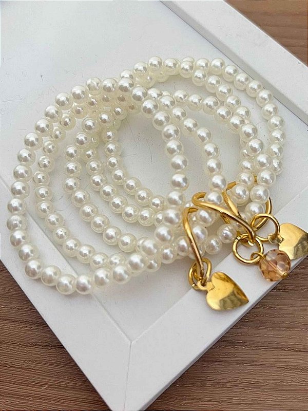 Conjunto de Pulseiras de Perola e Pingente de coração