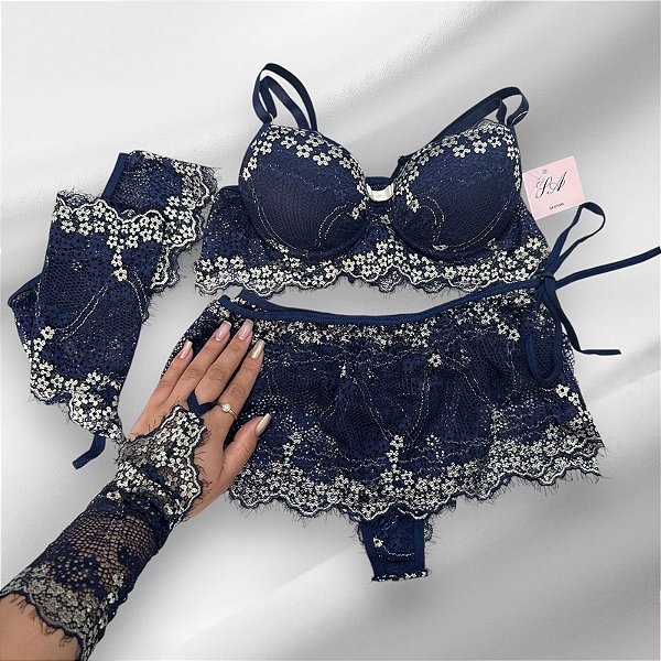 Conjunto Lingerie Catherine Completo Marinho com Creme