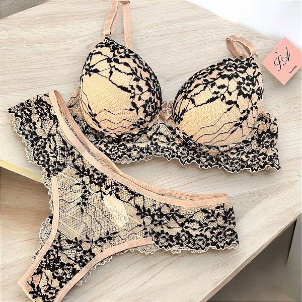 Conjunto Lingerie Tentadora Nude com Preto