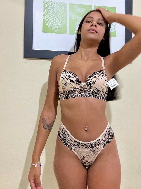 Conjunto Lingerie Tentadora rendado Nude com Preto