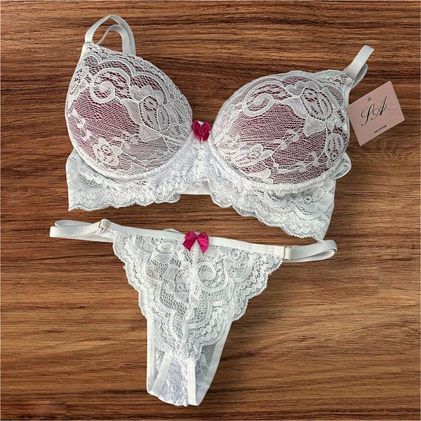 Conjunto Lingerie Cecília Branco com Pink