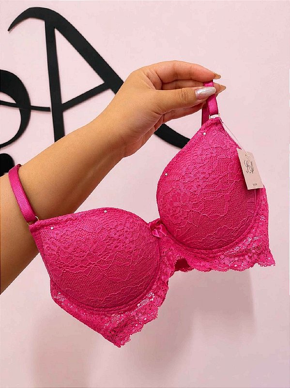 Sutiã com Bojo Jasmine em Renda Floral e Lacinho Frontal Pink