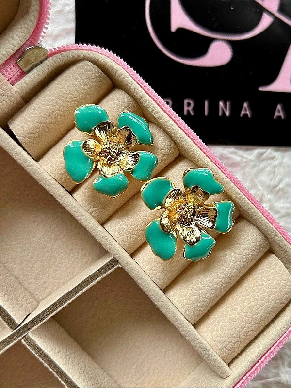 Brinco Flor Verde Água Resinado