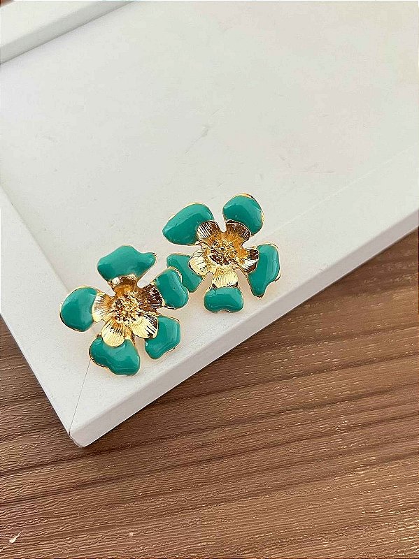 Brinco Flor Verde Água Resinado