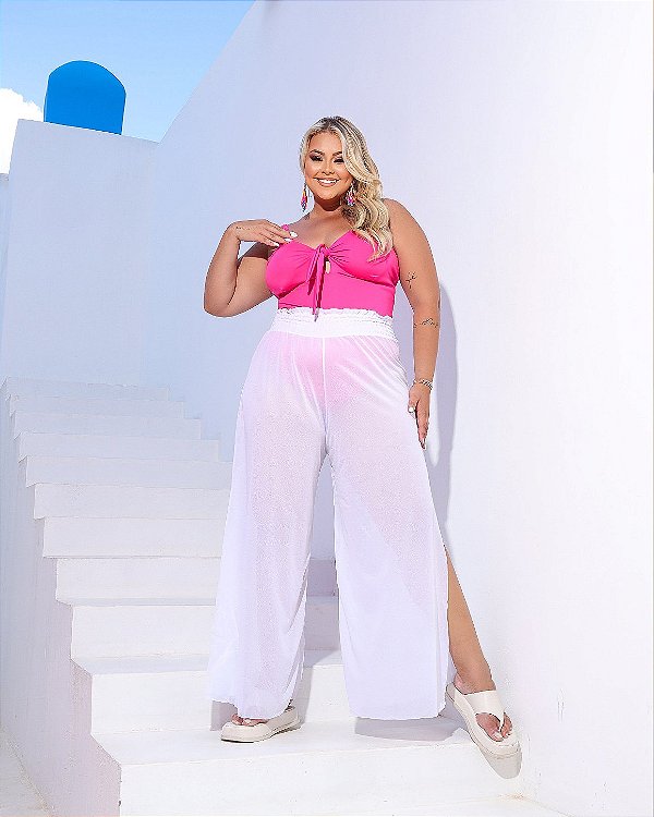 Saída de Praia Calça Pantalona Duna com Fenda Branca Plus Size